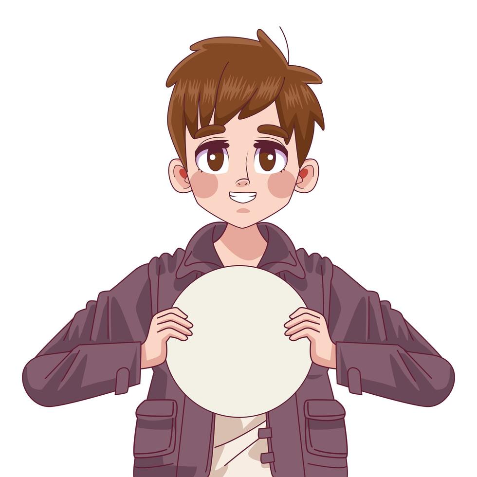 personaje de anime cómico joven adolescente con pancarta circular vector
