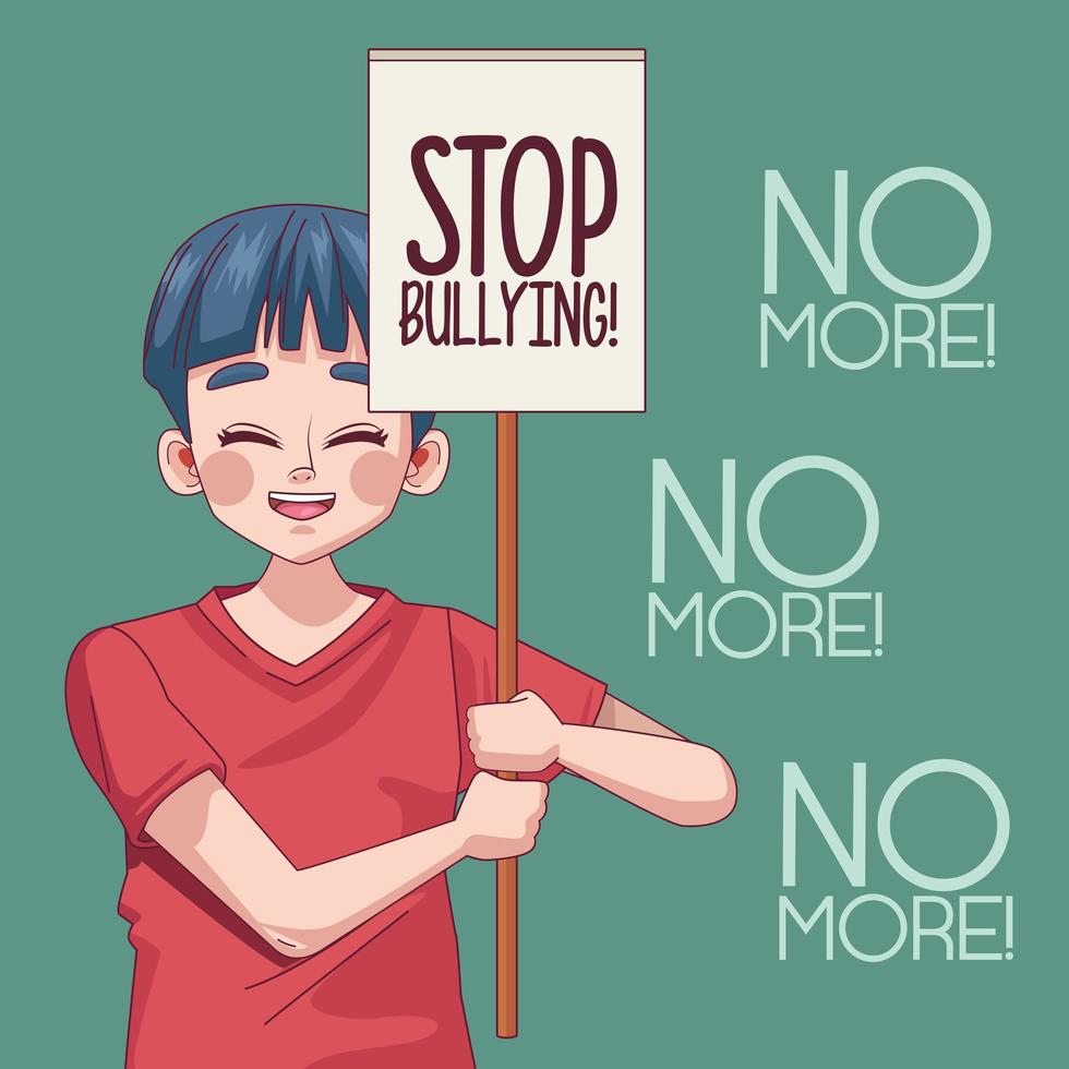 young teenager boy with stop bullying lettering in protest banner vector