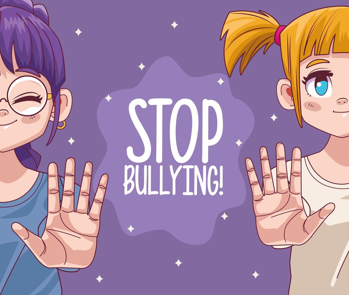 Linda pareja de niñas pequeñas con letras de stop bullying personajes cómicos manga vector