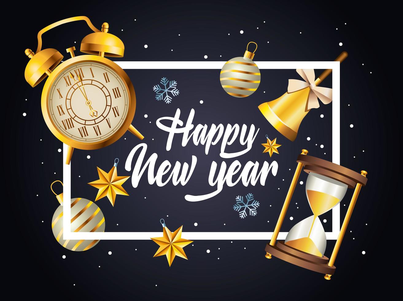 happy new year lettering with celebration set icons in square frame vector