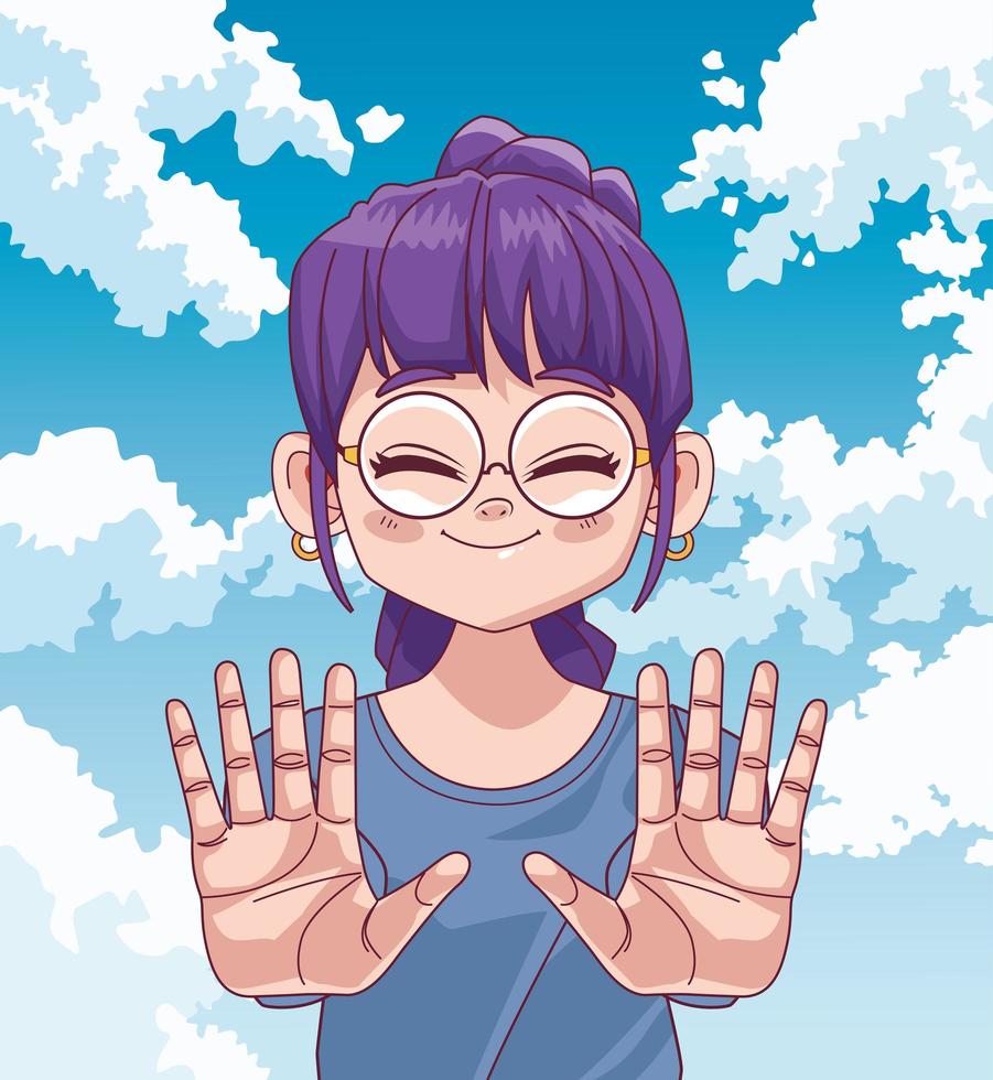 Cute Little Girl con manos detener personaje cómico manga en el fondo del cielo vector