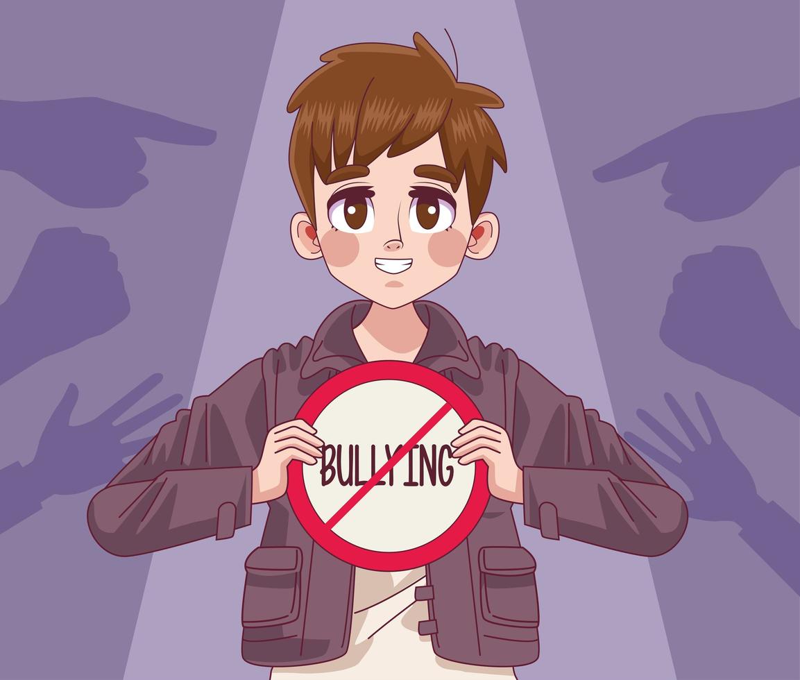 Muchacho joven adolescente con señal de letras de stop bullying y indexación de manos vector