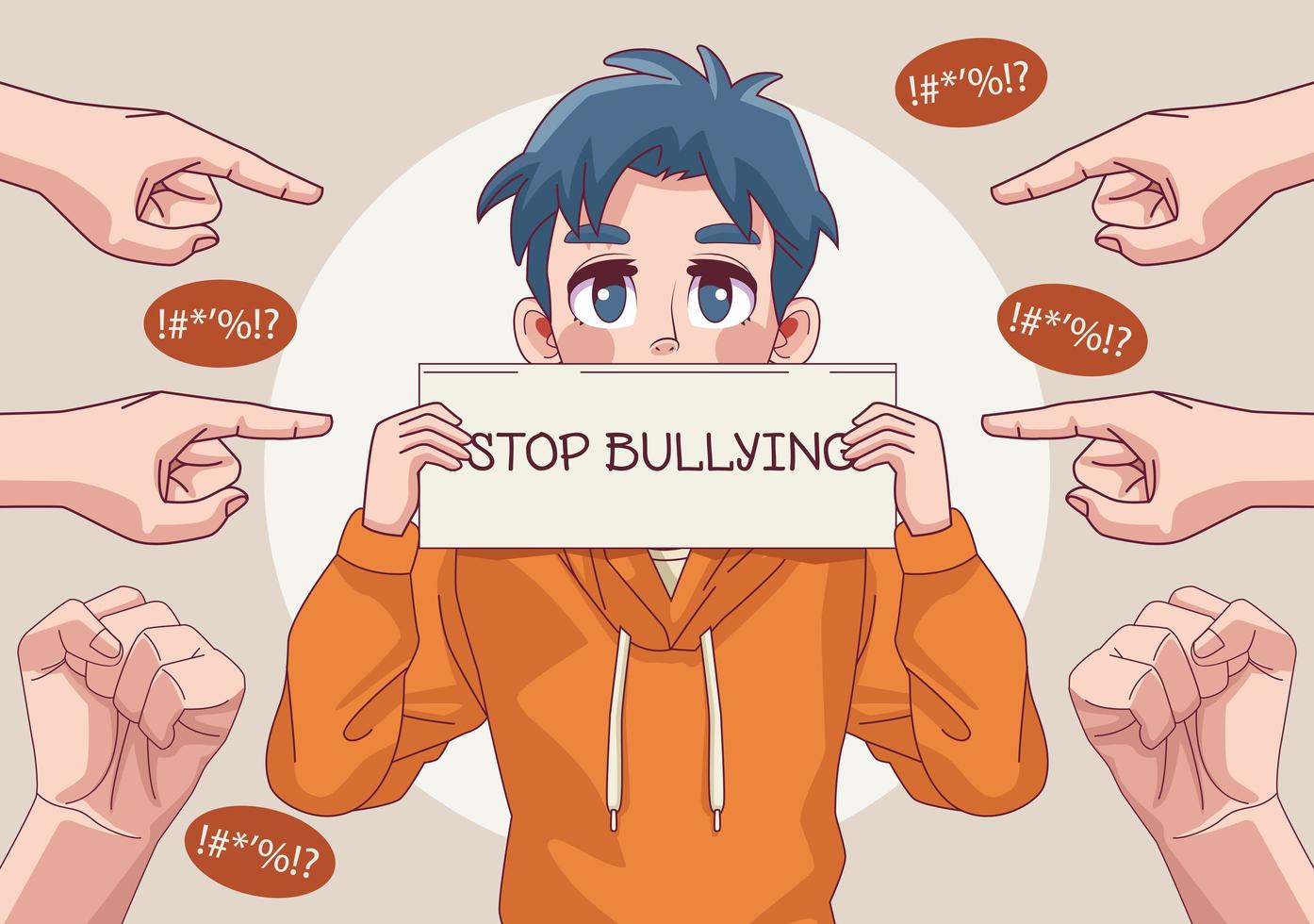 young teenager boy with stop bullying lettering in banner and hands indexing vector