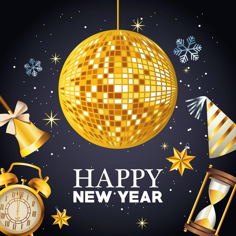 happy new year lettering with mirrors ball disco and set celebration icons vector