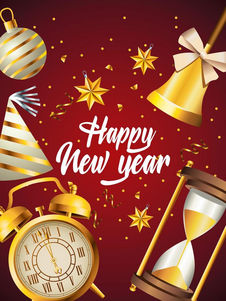 feliz año nuevo letras con iconos de oro set vector