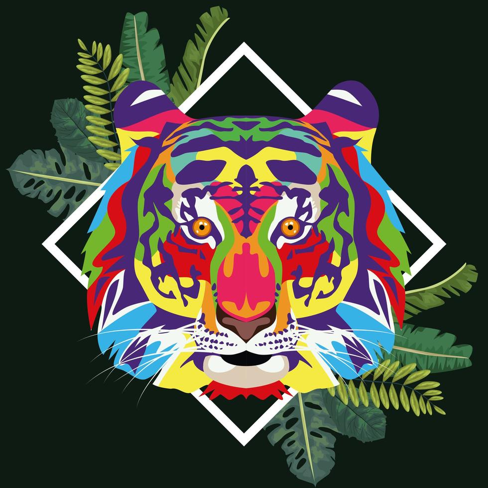 tiger wild life technicolor with leafs frame vector