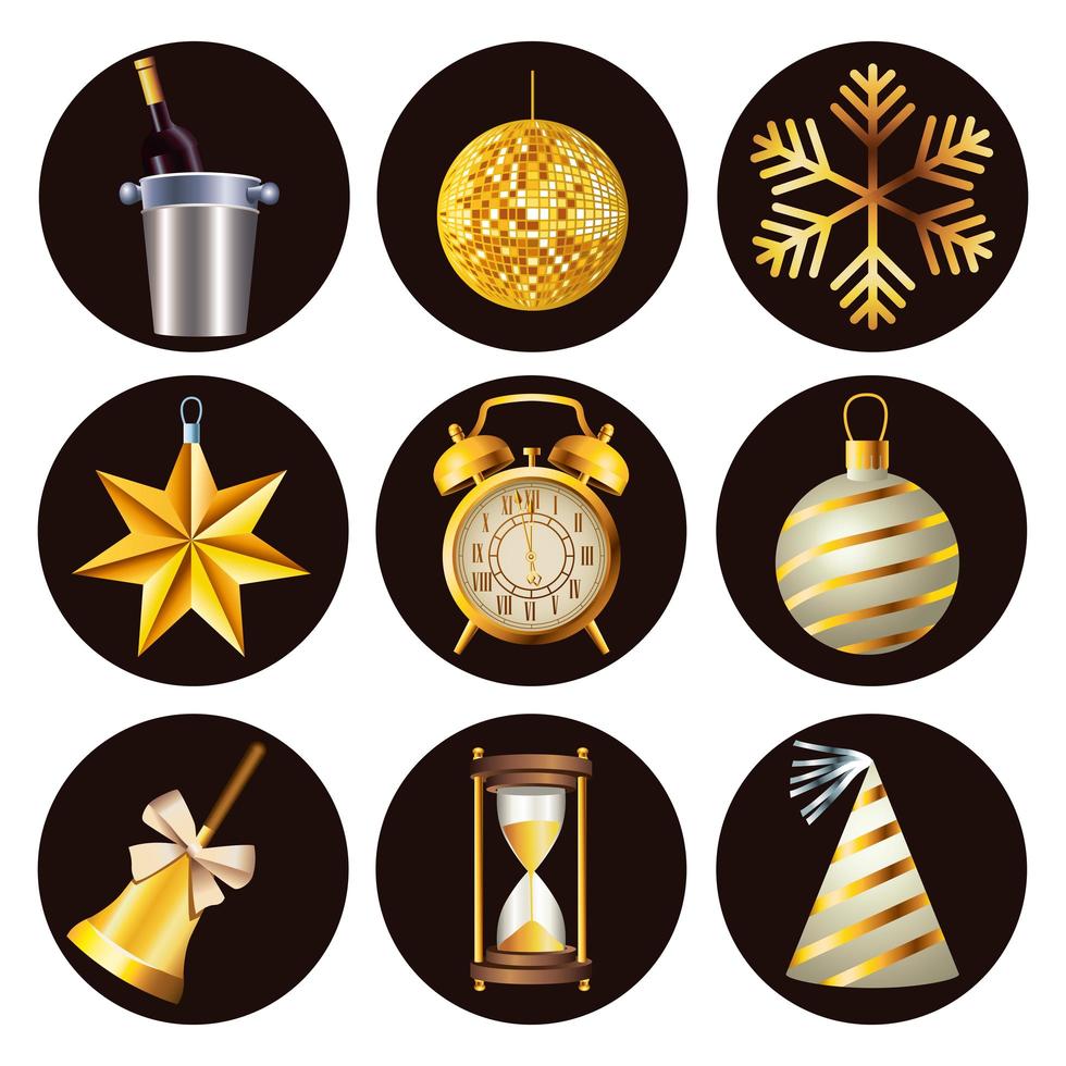 happy new year celebration with bundle of nine set icons in white background vector