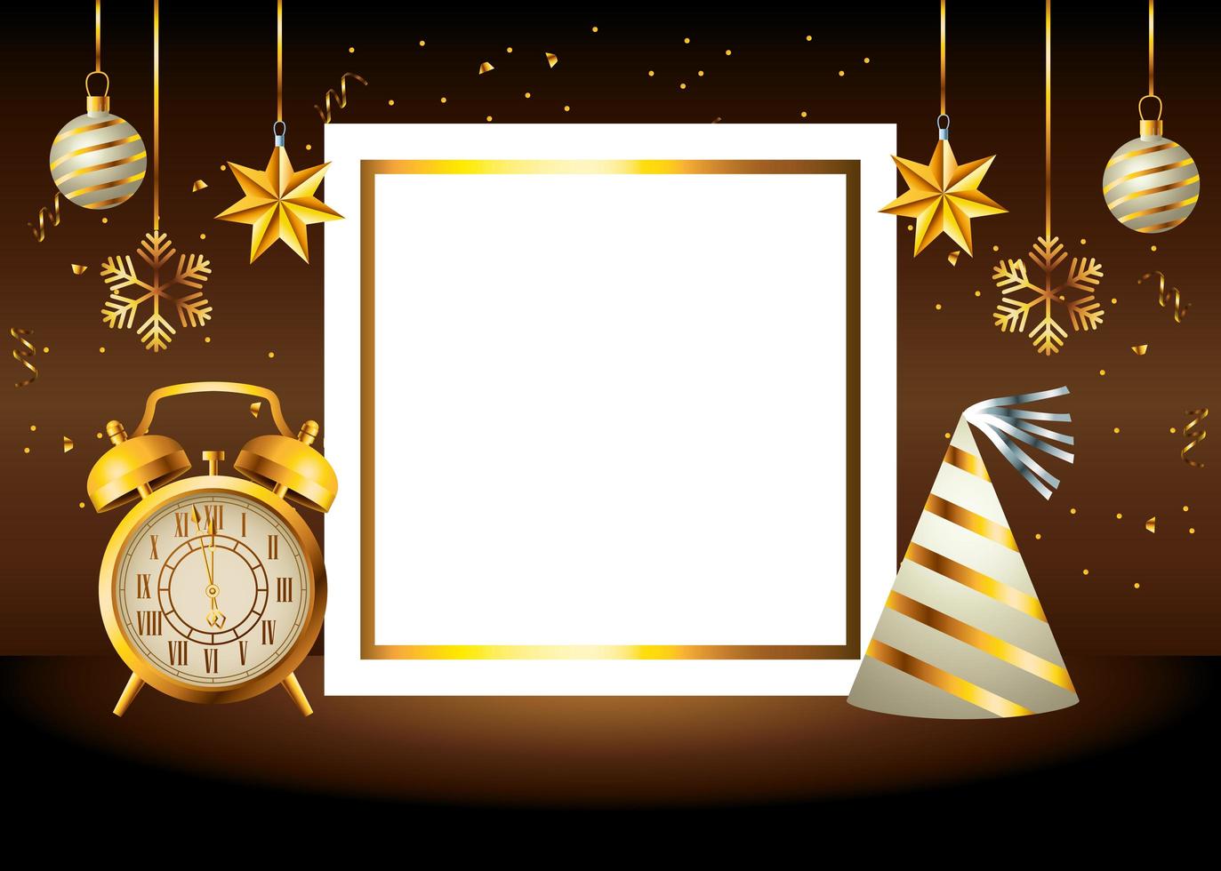 happy new year celebration with set golden icons vector