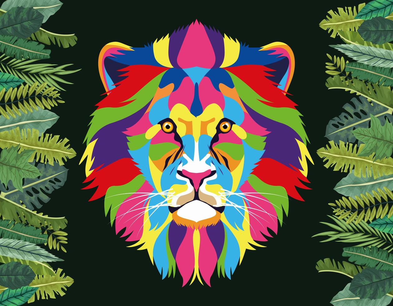 lion wild life technicolor with leafs frame vector