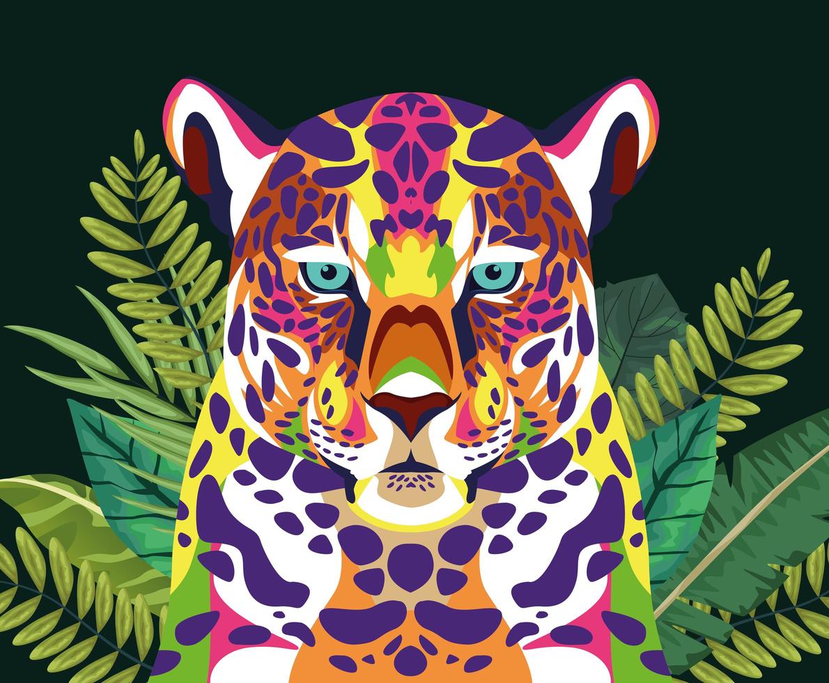 leopardo wild life technicolor con hojas de plantas vector