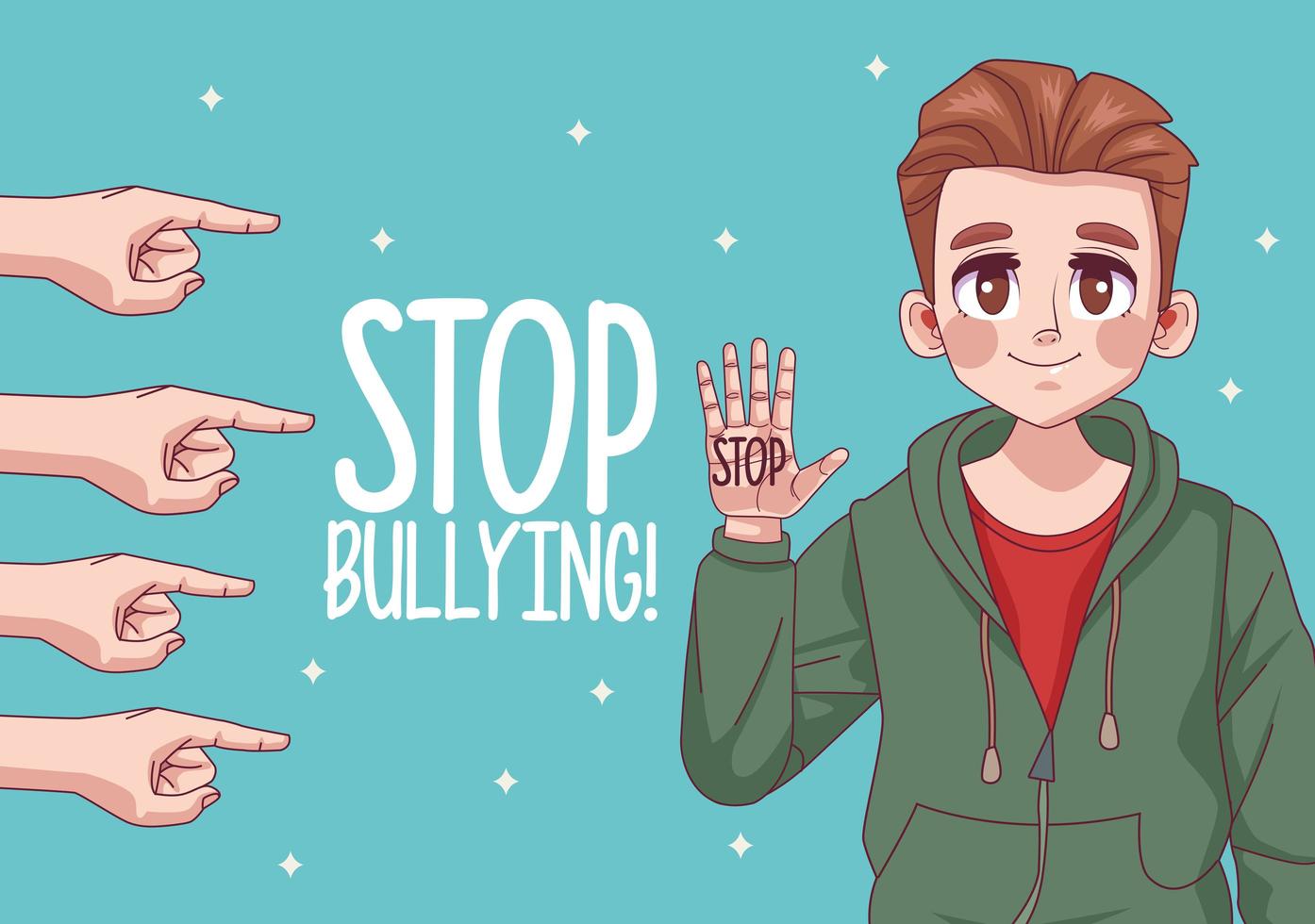 young teenager boy with stop bullying lettering and hands indexing vector