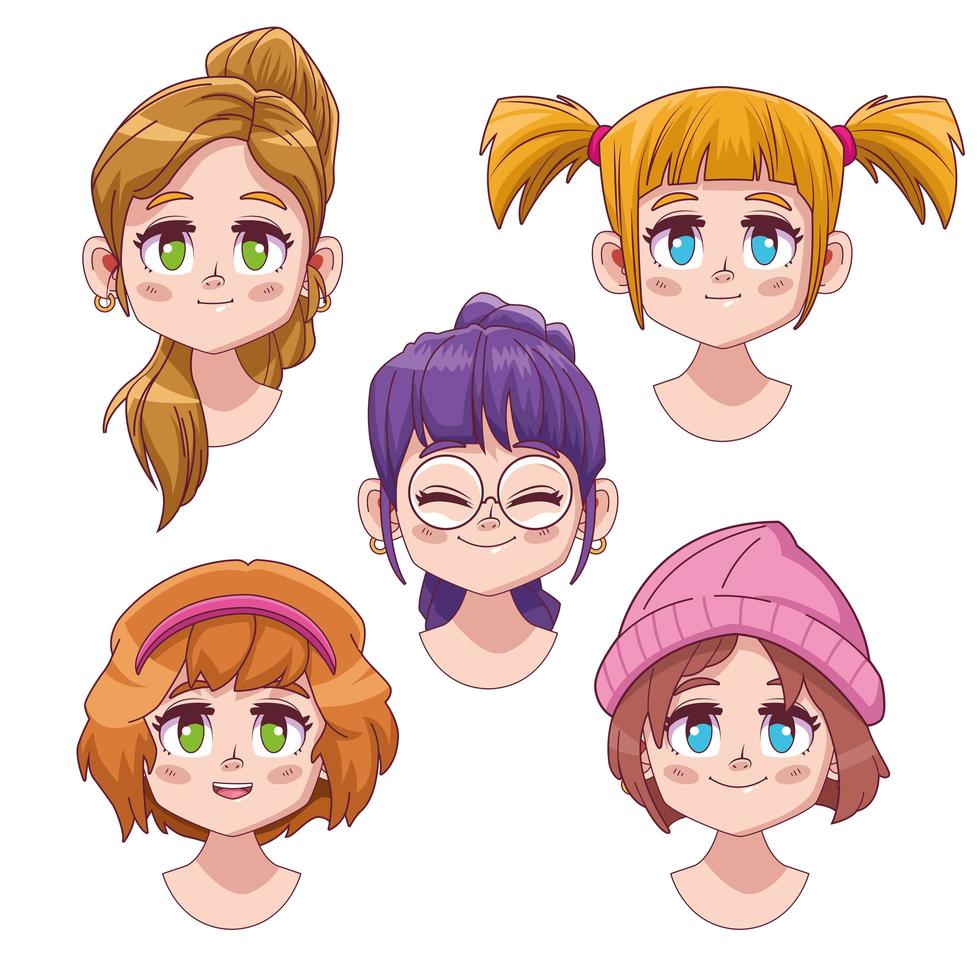 group of five cute girls manga anime characters vector