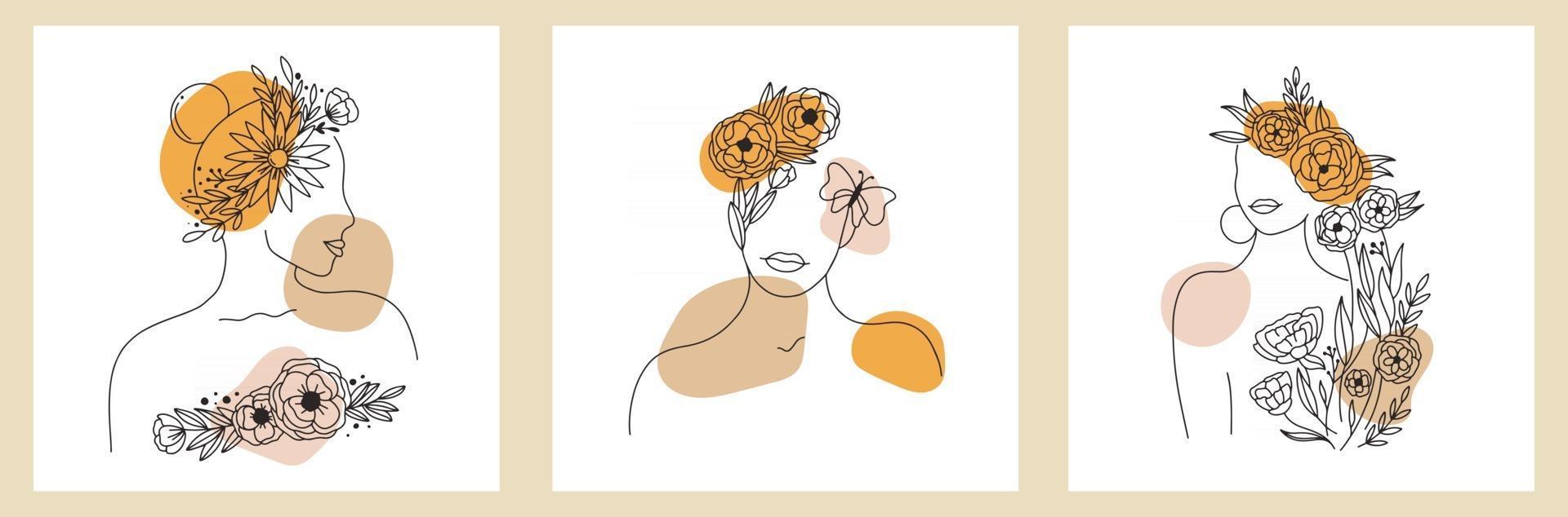 conjunto abstracto de caras de mujer con elementos florales en estilos de línea vector