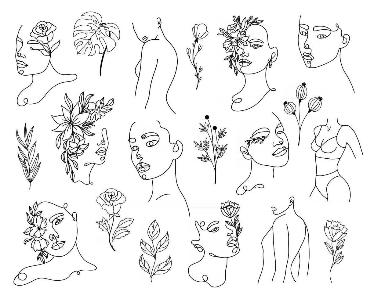 Set of linear woman portraits and floral elements vector