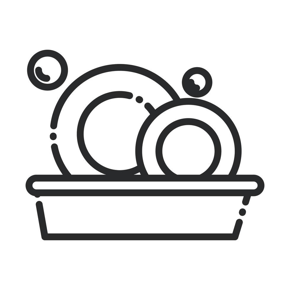 cleaning basin with dishes kitchen washing domestic hygiene line style icon vector