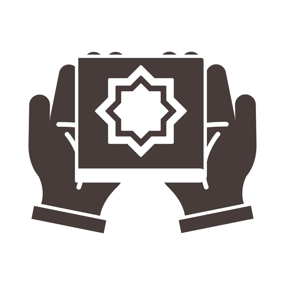 hands with koran ramadan arabic islamic celebration silhouette style icon vector