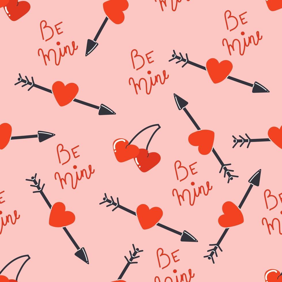 Dibujado a mano de patrones sin fisuras de flechas corazones de cerezo y texto ser mío ilustración plana sobre fondo rosa concepto de día de San Valentín vector