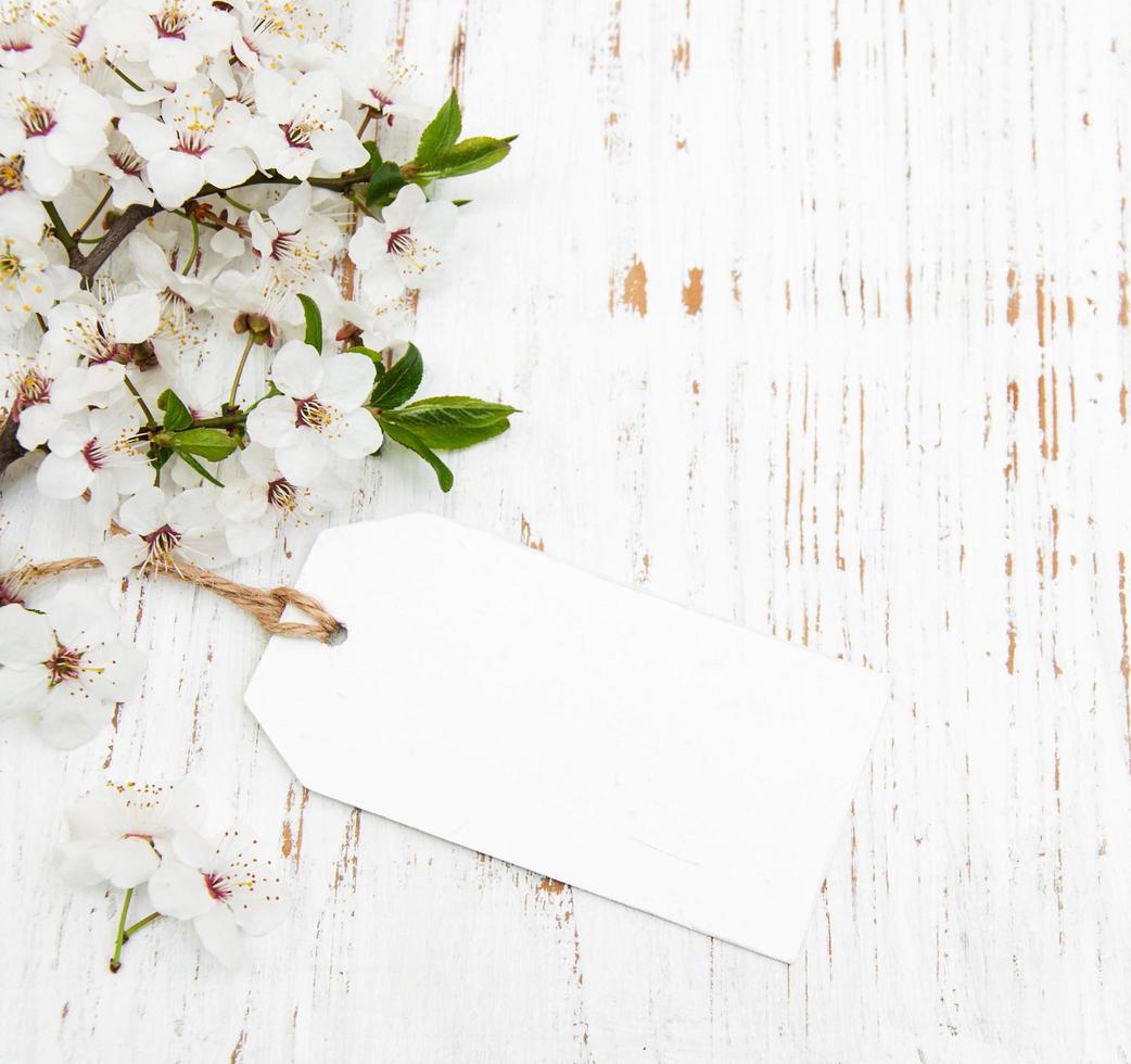 Spring cherry blossom with a card on a wooden background photo