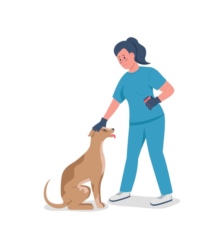 Veterinaria femenina con carácter detallado de vector de color plano de perro