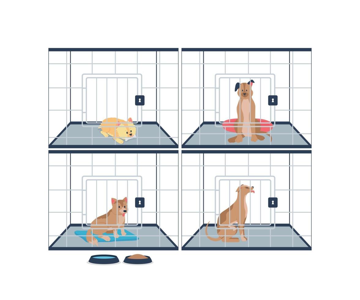 perros sin hogar en jaulas de refugio personajes detallados de vector de color plano