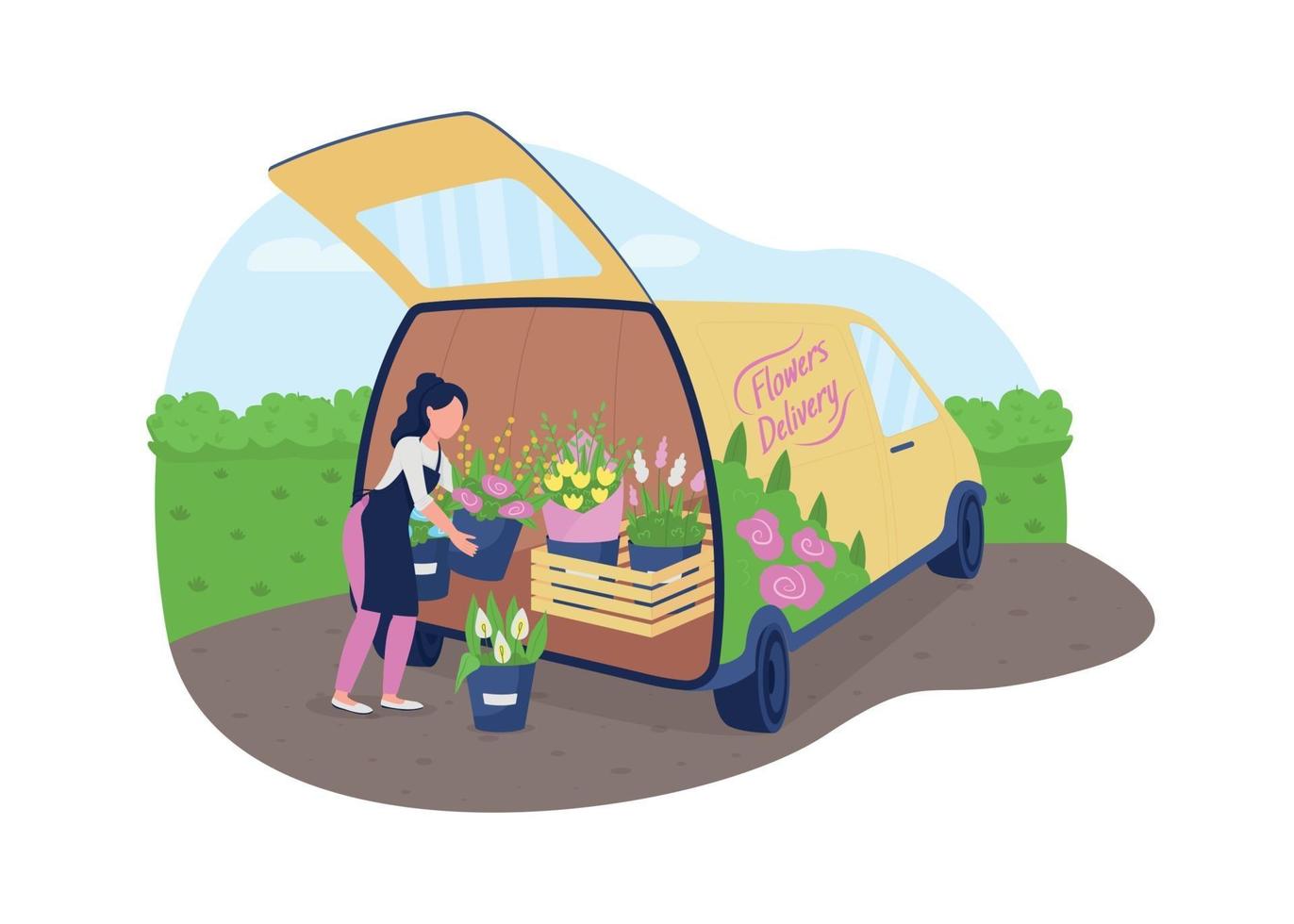 Florist with flowers truck 2D vector web banner, poster