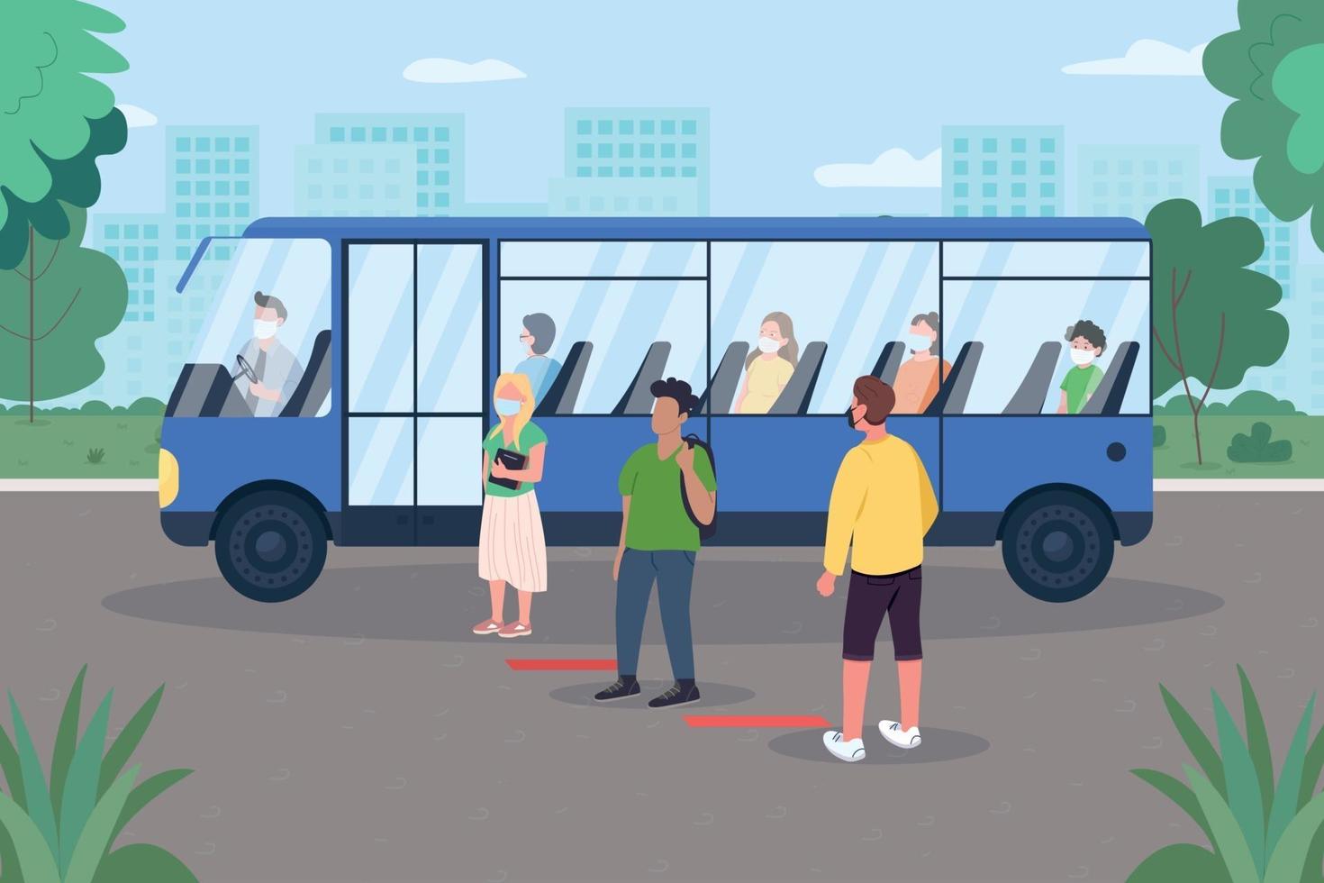 Social distancing for public transport flat color vector illustration