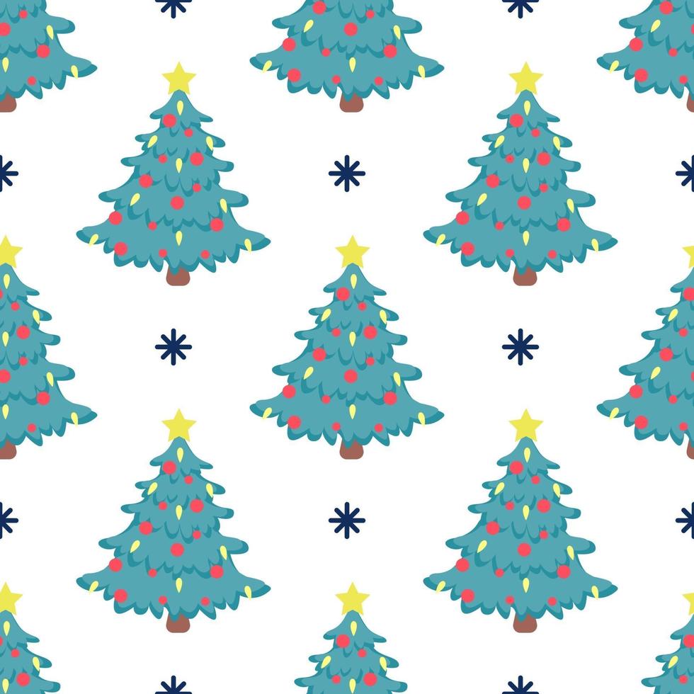 Vector seamless pattern of a Christmas tree with red balloons and a bright yellow star on top on a white background with snowflakes