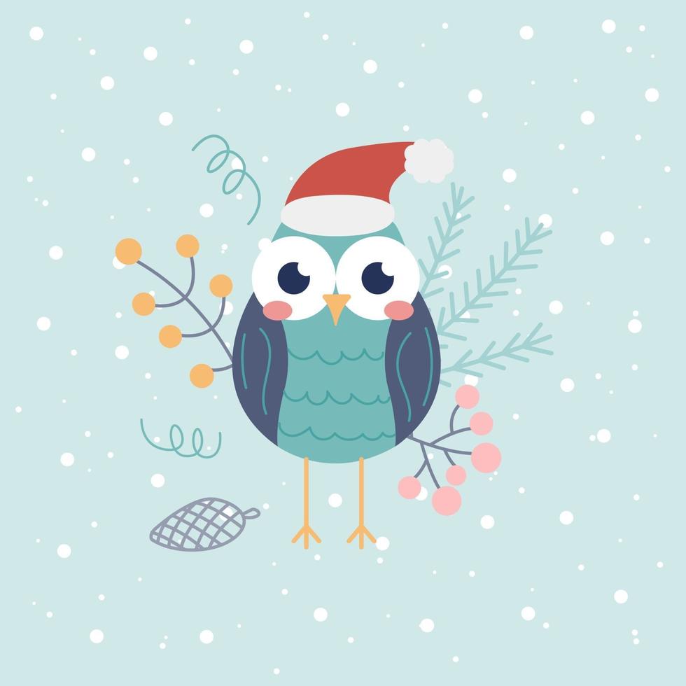 Cute owl in Santa hat on a light background with snowflakes and decorative elements. Christmas card, poster, children's illustration, winter. Vector flat style