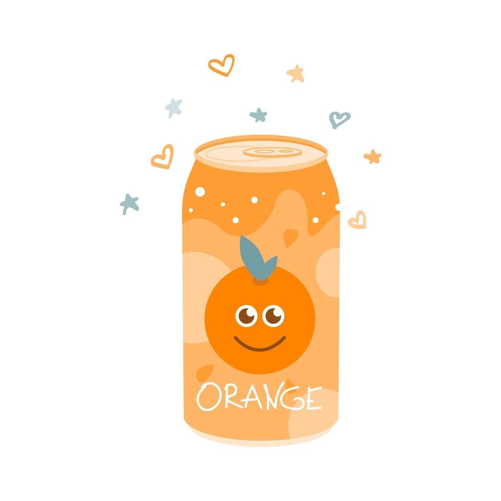 Bebida de naranja sin alcohol en lata de aluminio. jugo frío carbonatado, agua dulce. ilustración vectorial en un estilo plano sobre un fondo blanco vector