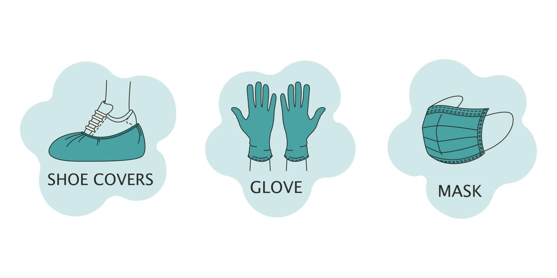 conjunto de iconos vectoriales con protección individual de guantes de látex de coronavirus, mascarilla médica y cubiertas de zapatos. estilo plano aislado en un fondo blanco vector