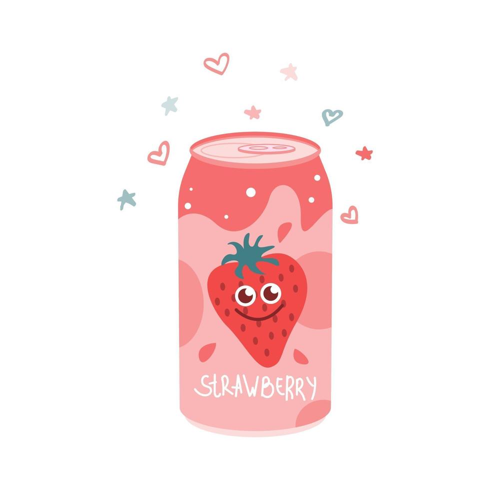 Bebida de fresa sin alcohol en lata de aluminio. jugo frío carbonatado, agua dulce. ilustración vectorial en un estilo plano sobre un fondo blanco vector