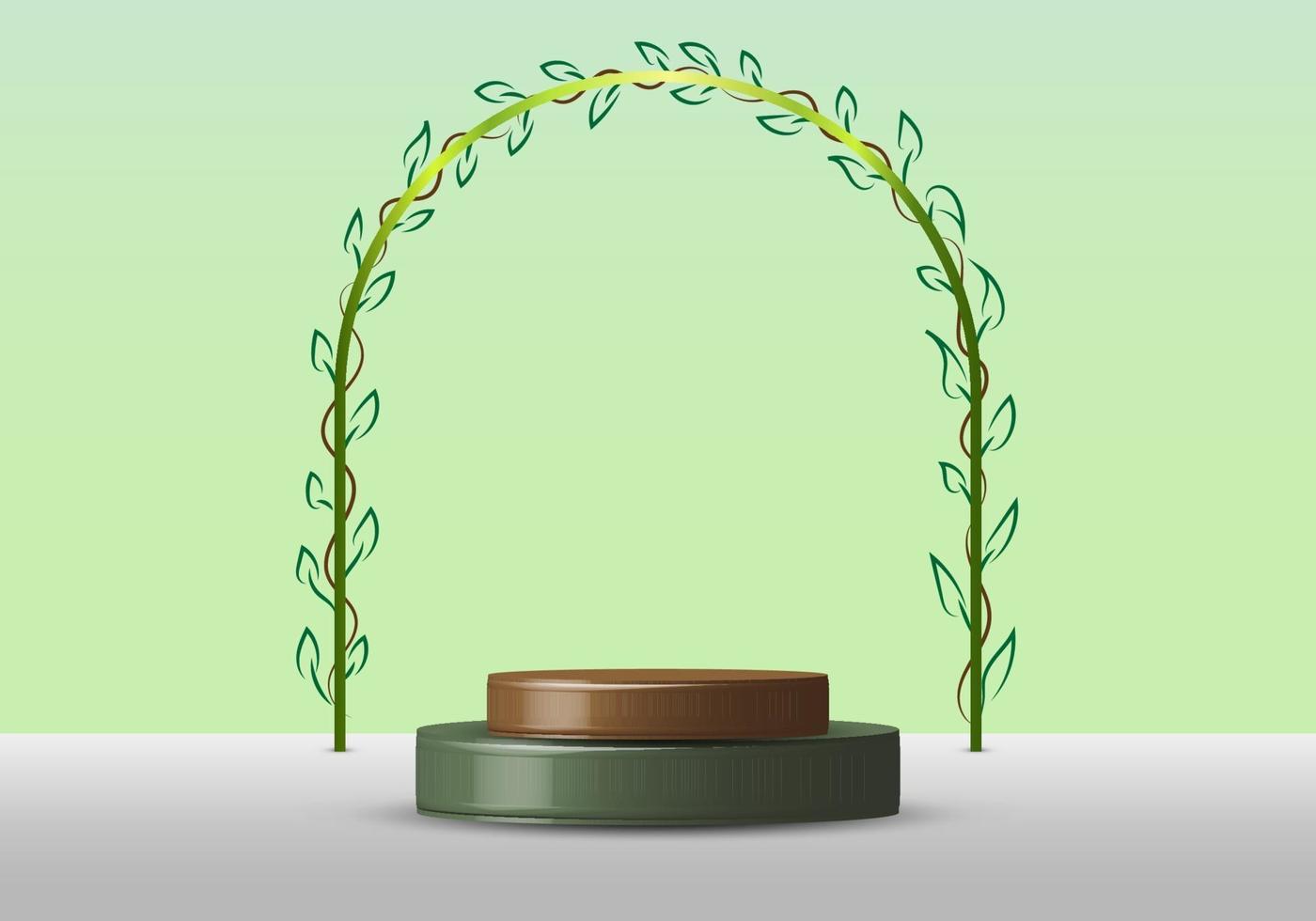 3D realistic empty green round pedestal mockup with rounded line border with leaves on soft green natural background nature concept vector