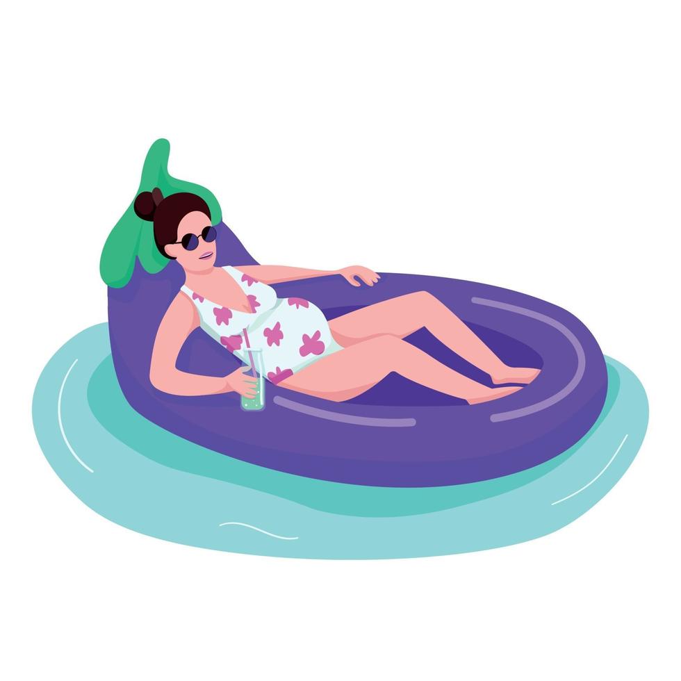 Pregnant woman in sunglasses flat color vector faceless character. Young mother drinking cocktail. Female in swimsuit on inflatable eggplant ring. Floating on water toy isolated cartoon illustration