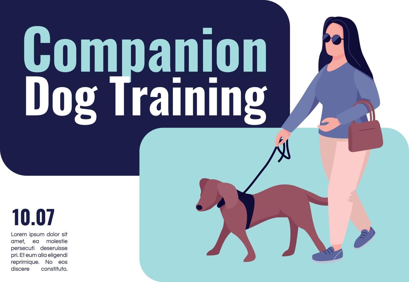 Companion dog training banner flat vector template. Brochure, poster concept design with cartoon characters. Blind woman with guide animal horizontal flyer, leaflet with place for text