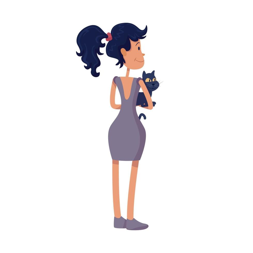 Woman holding cat in hands back view flat cartoon vector illustration