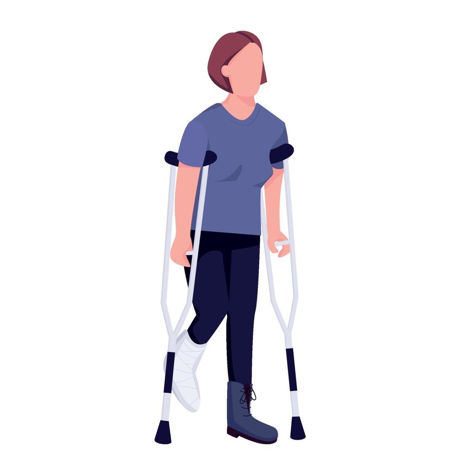 Injured woman on crutches flat color vector faceless character