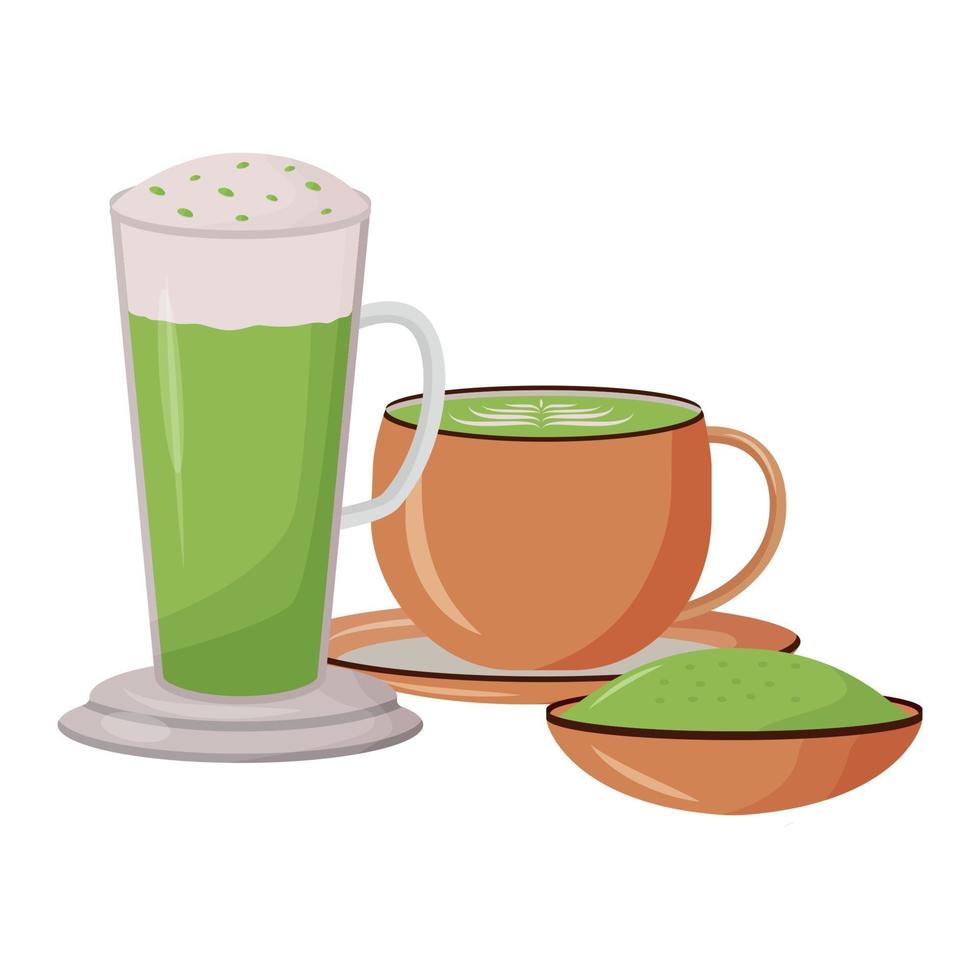 Matcha latte cartoon vector illustration.