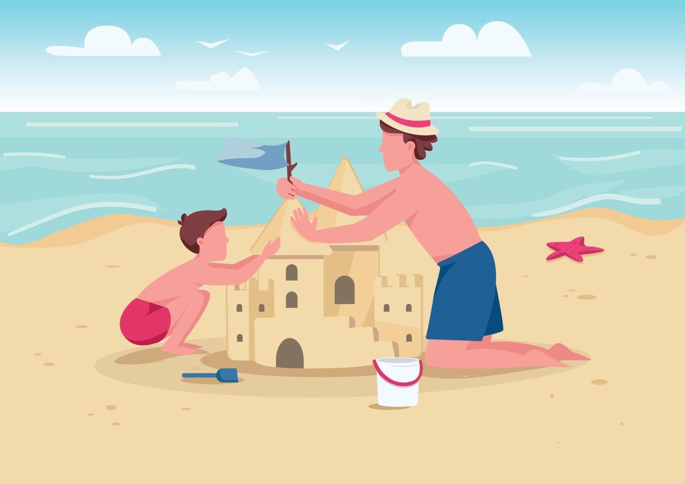 Beach family activity flat color vector illustration