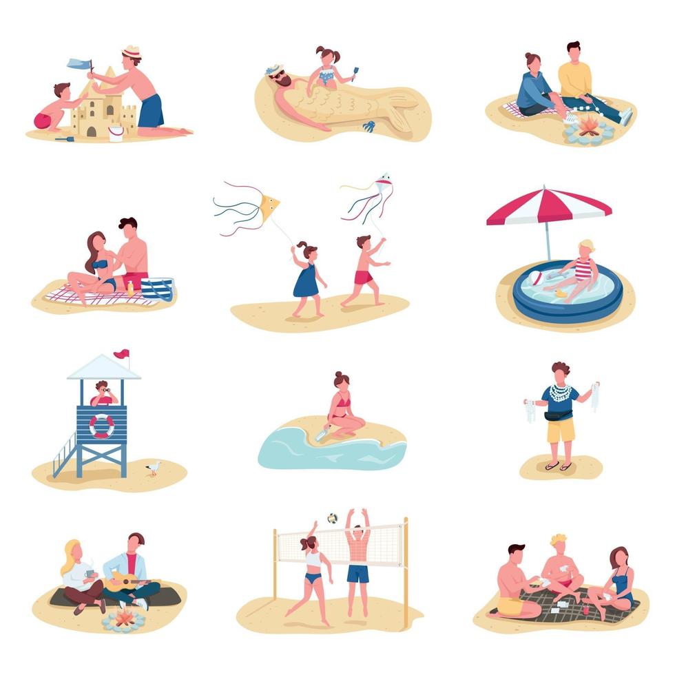 Beach activities flat color vector faceless characters set