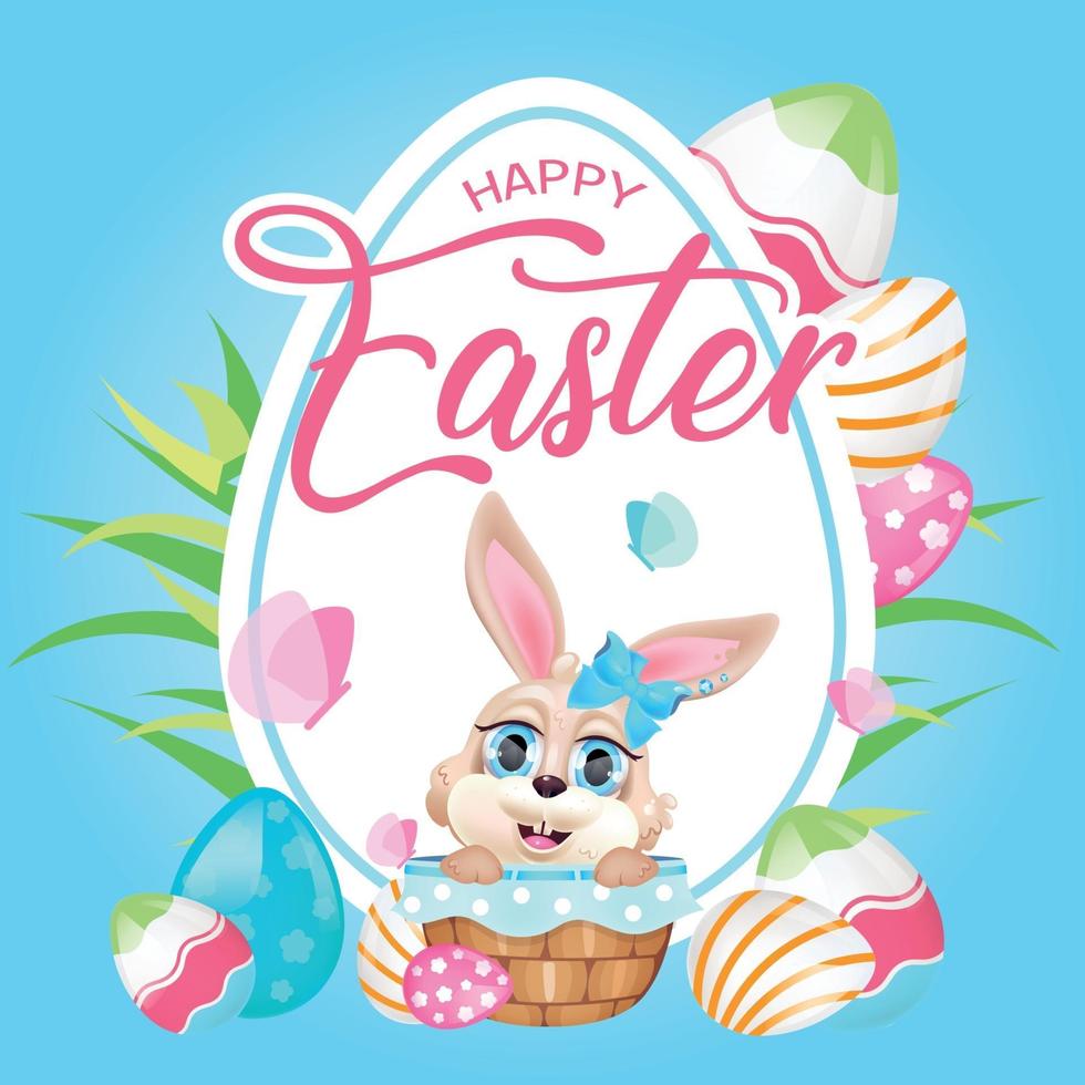 Cute happy Easter bunny kawaii character social media post mockup vector