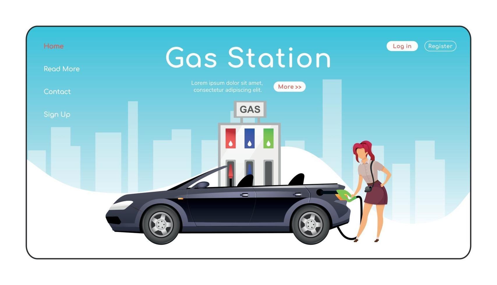 Plantilla de vector de color plano de página de aterrizaje de gasolinera