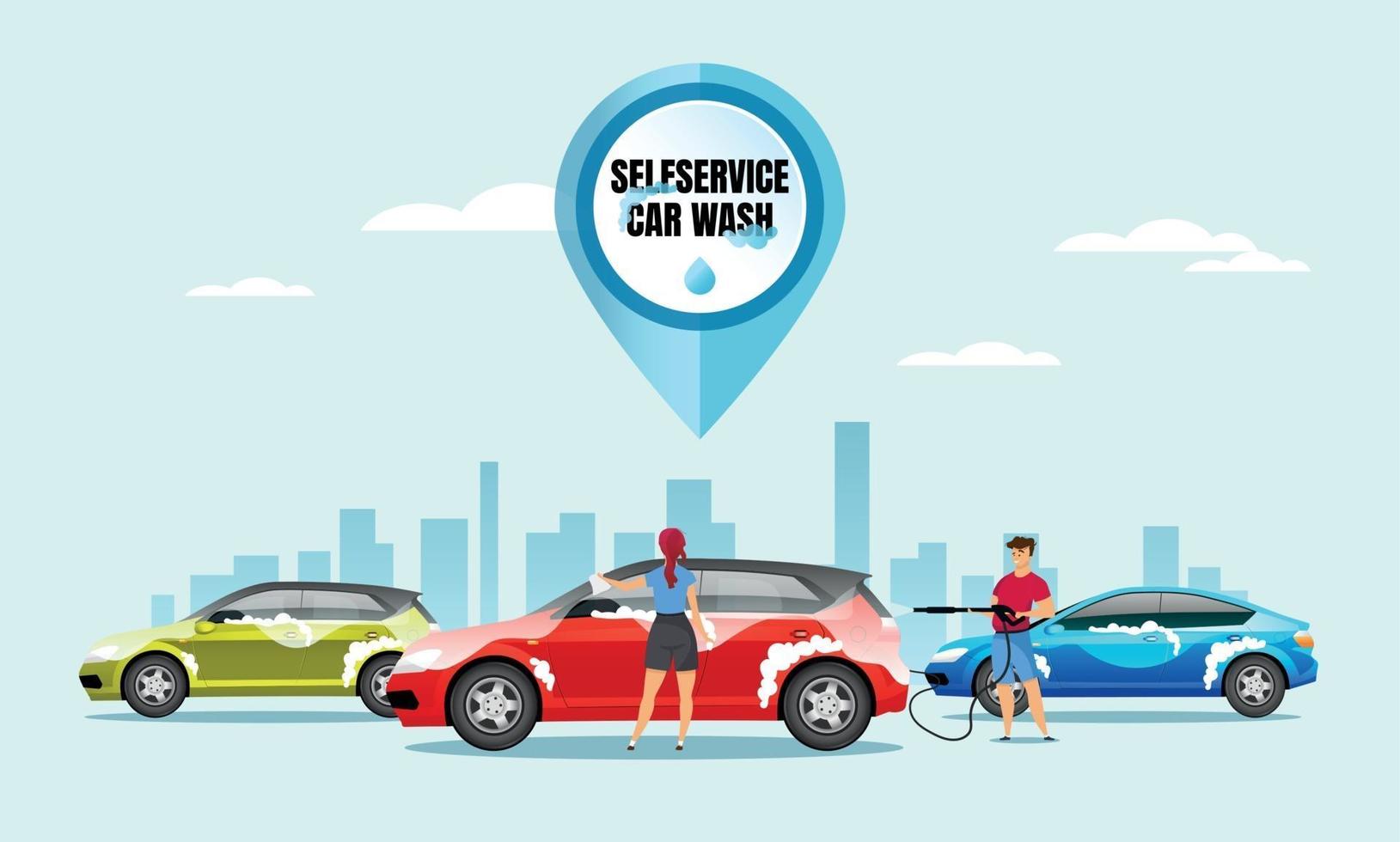 Self service car wash flat color vector illustration