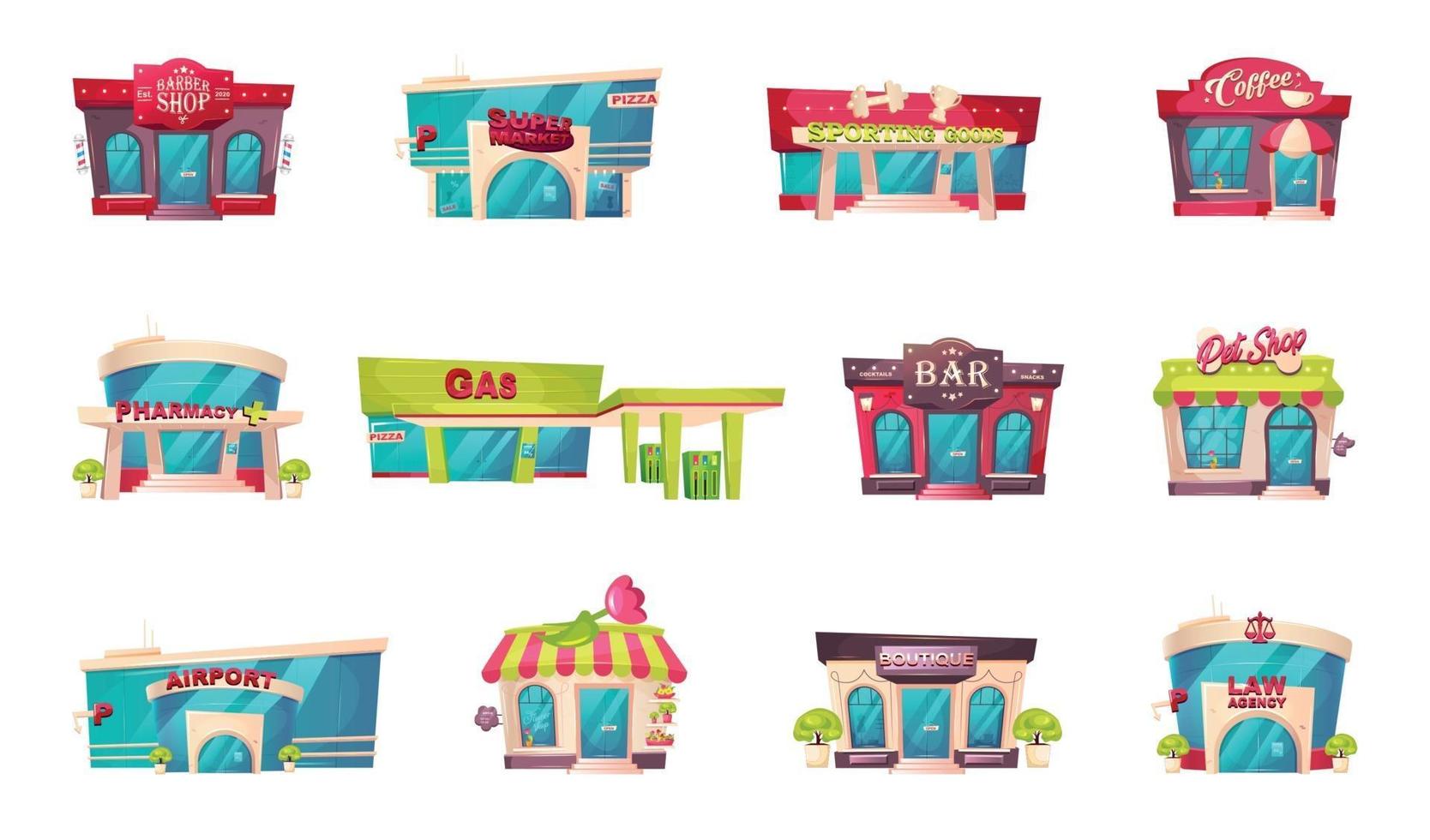 Shop front flat color vector objects set