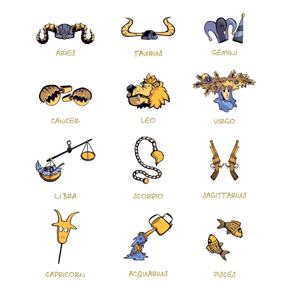 doce signos del zodíaco accesorios conjunto de ilustraciones vectoriales de dibujos animados planos vector