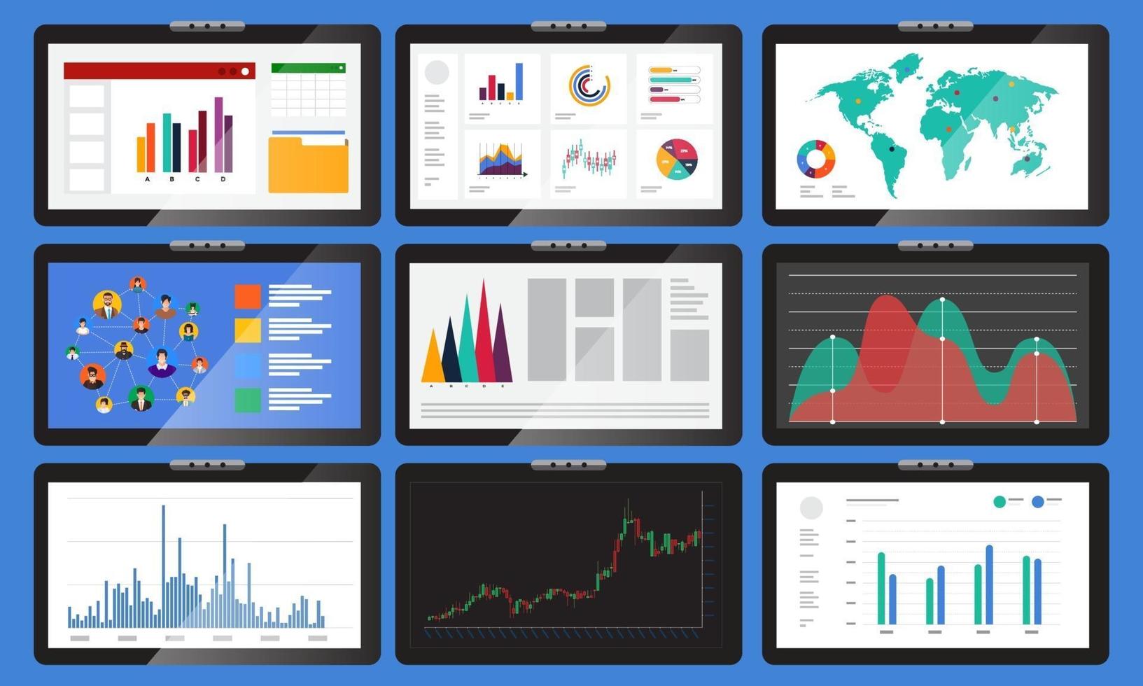 Various monitors display graphs and charts. In business analysis vector