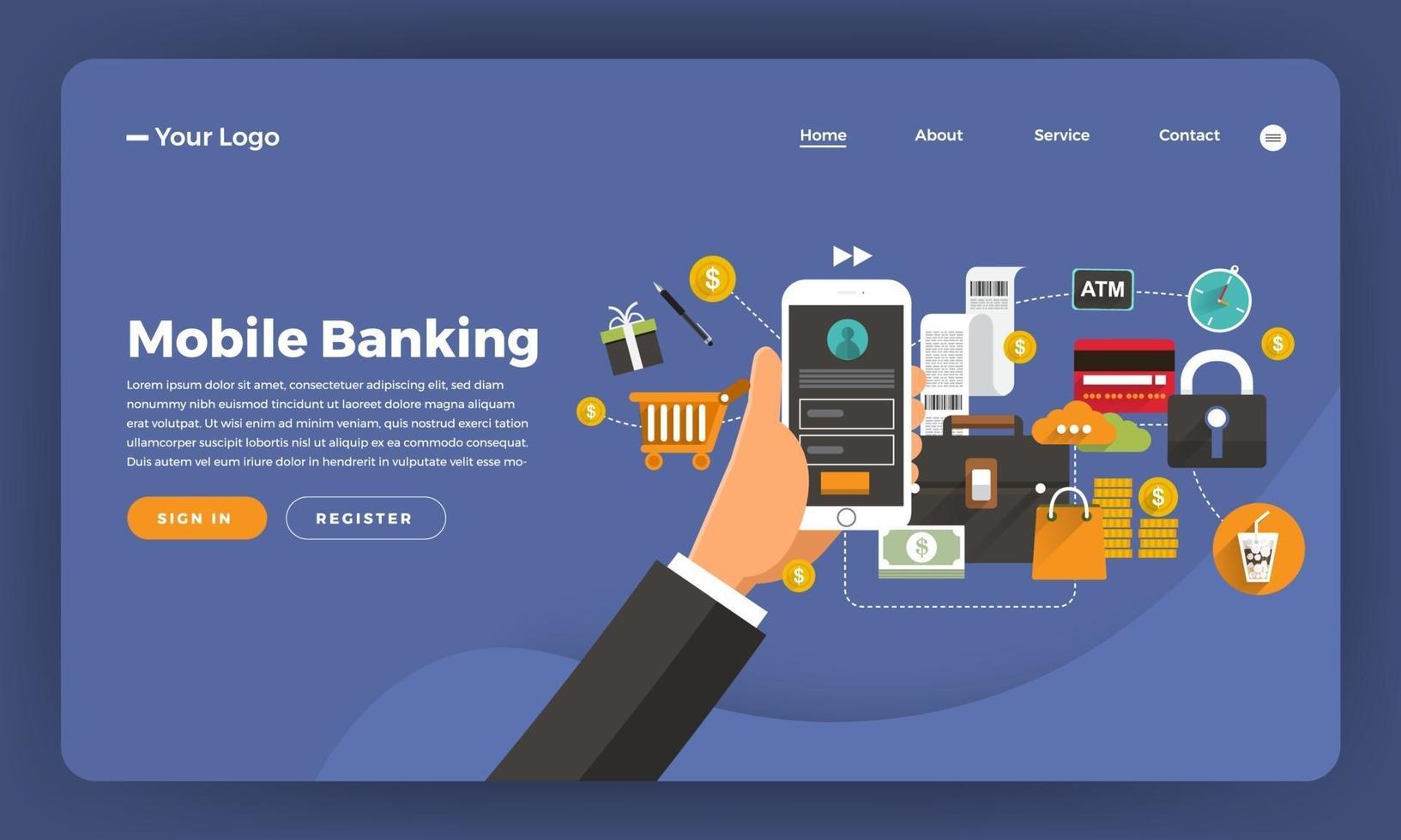 Mock-up design website flat design concept digital marketing. Mobile banking.  Vector illustration.