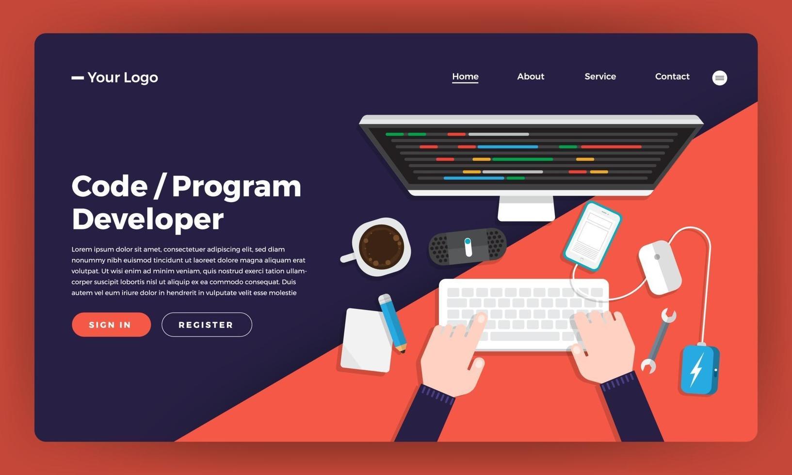 Mock-up design website flat design concept coding and programming developer.  Vector illustration.