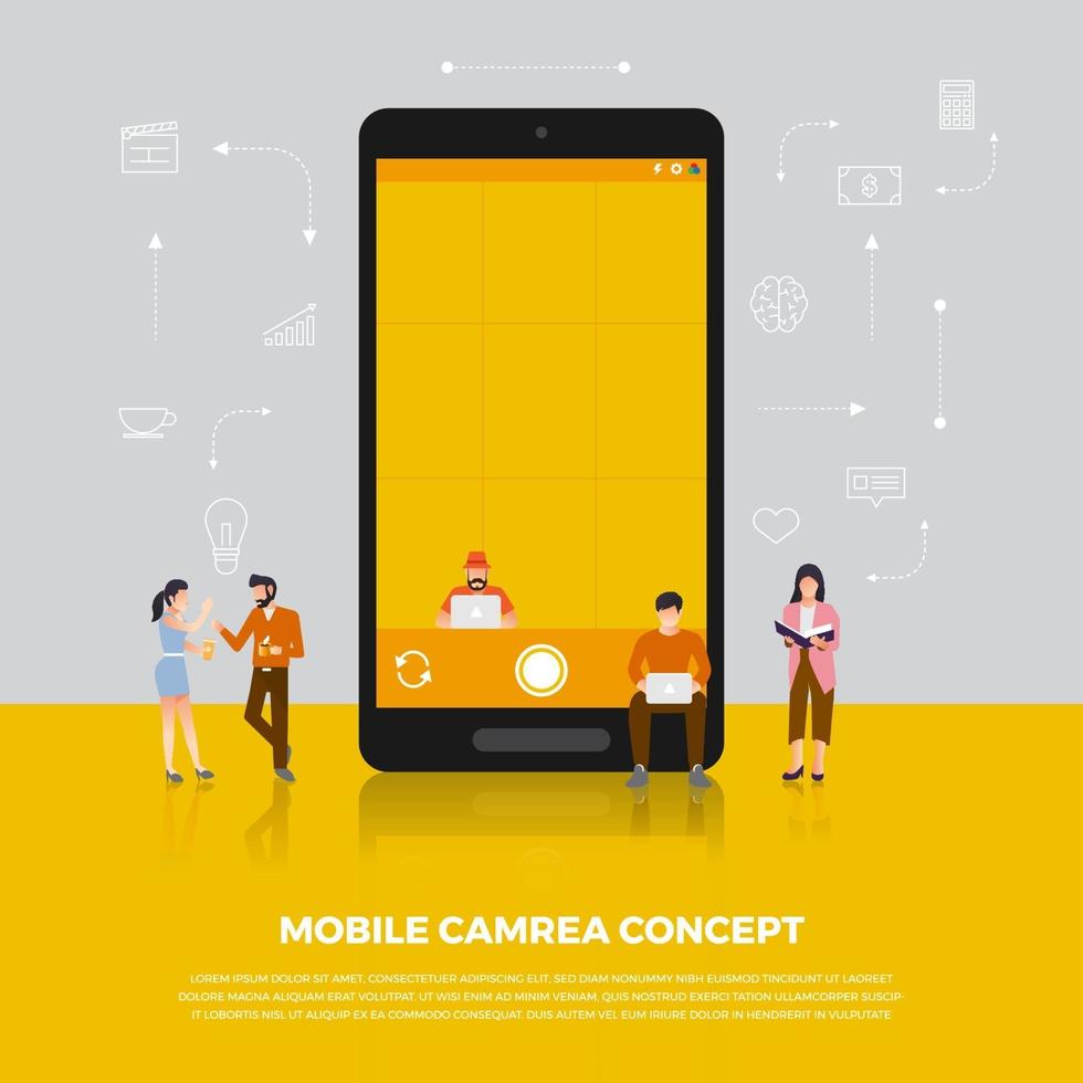 Flat design concept camera mobile. Group people develop icon camera mobile device. Vector illustrate.