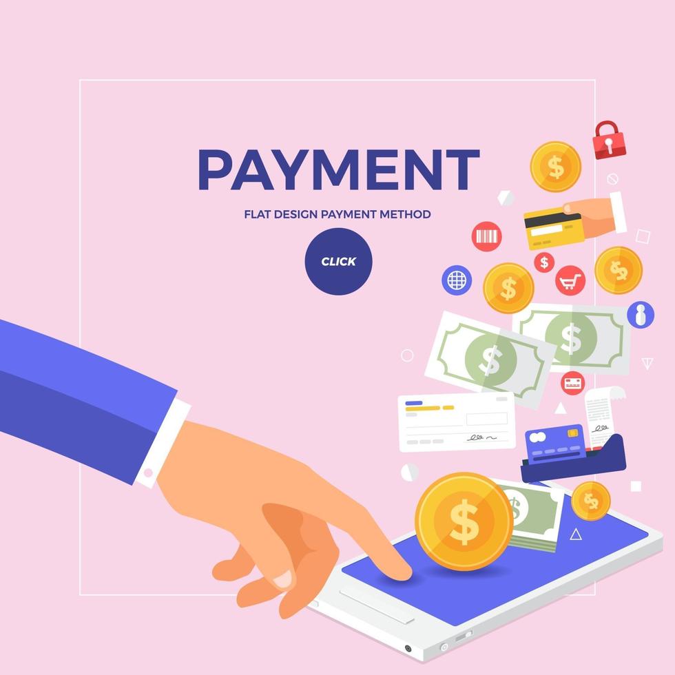 Flat design concept online payment with click on mobile. Vector illustrate.