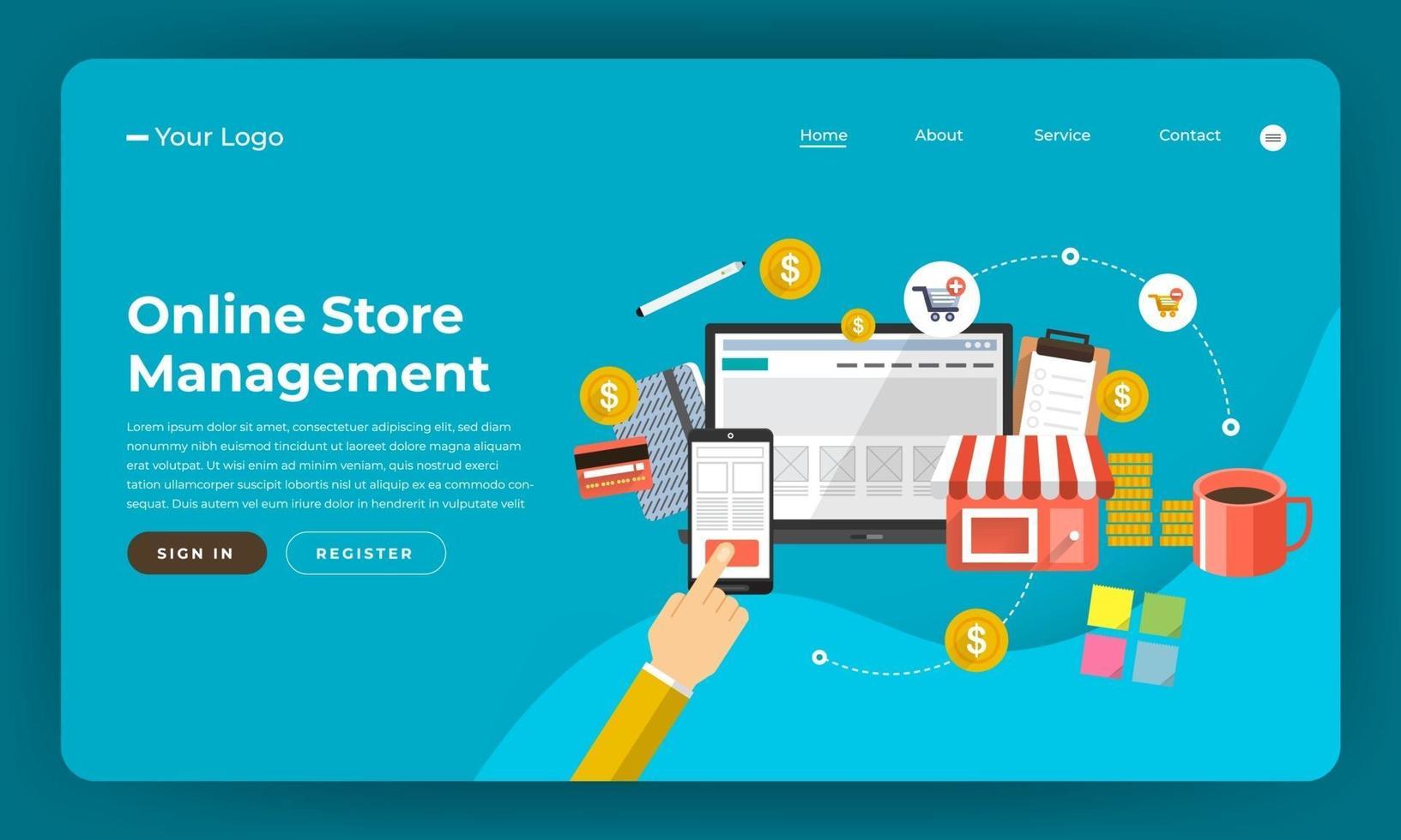 Mock-up design website flat design concept digital marketing. Online Store Management. Vector illustration.